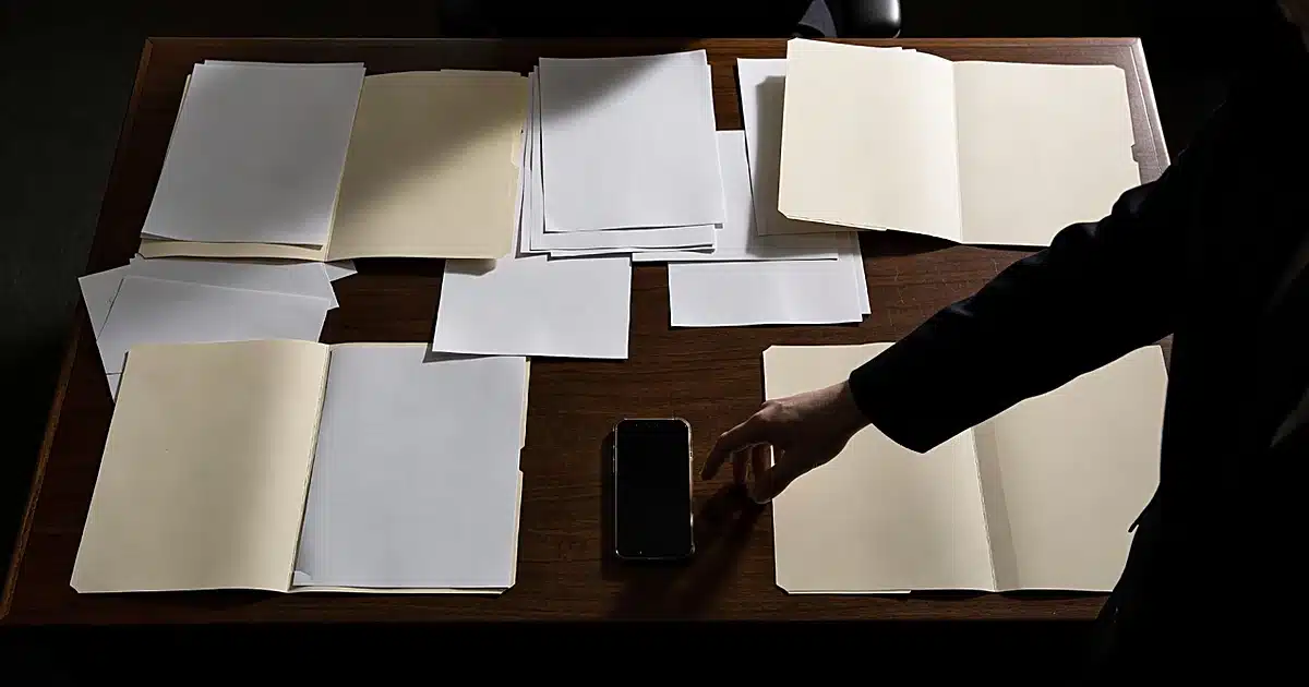 Smartphone on desk with immigration documents and silhouetted hand reaching to collect it as evidence