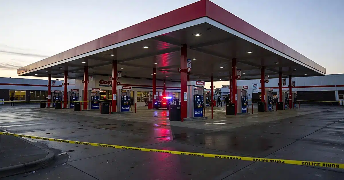 Police tape cordons off empty Costco gas station with emergency lights reflecting on wet pavement at dusk