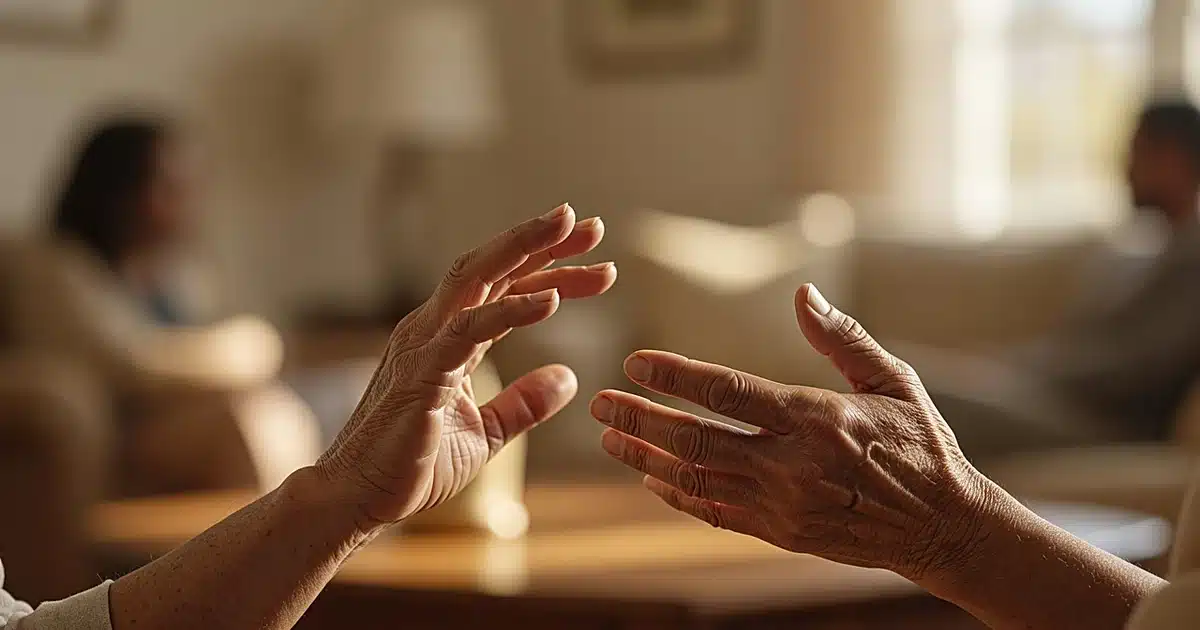 Elderly hands gesturing expressively in warm natural light against soft blurred background