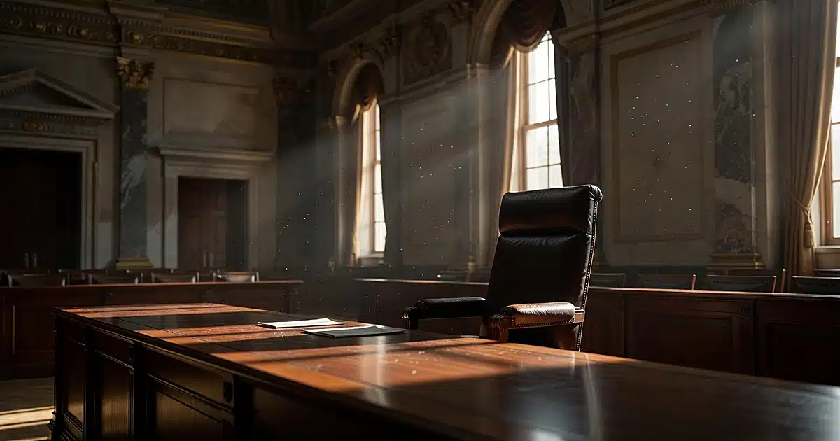 Empty Supreme Court justice chair behind bench in darkened chamber with afternoon light streaming through windows