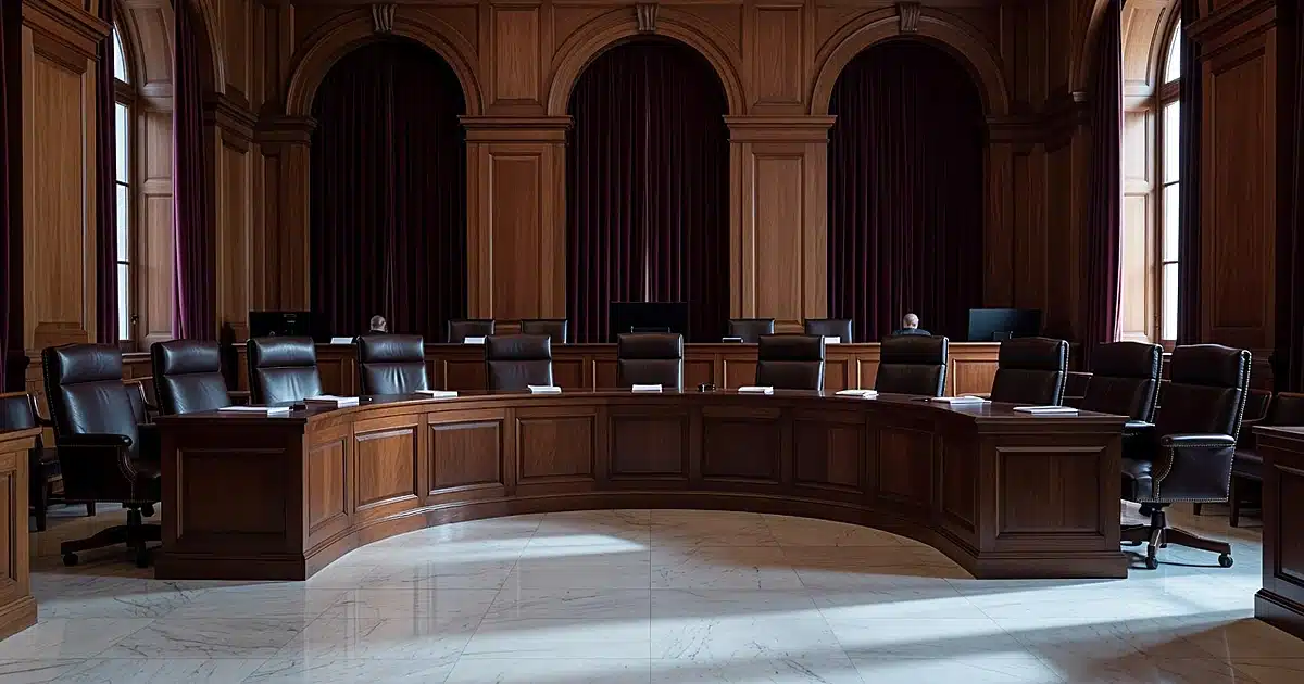Empty Supreme Court bench with nine vacant leather chairs in a wood-paneled courtroom with natural window light