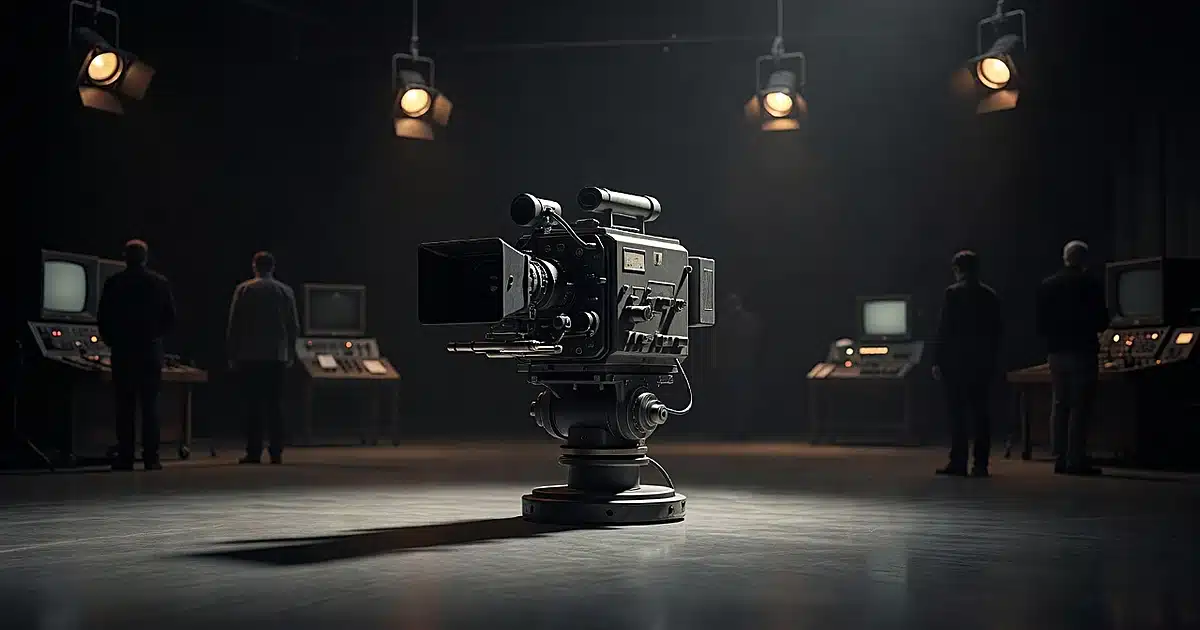Empty television studio with vintage broadcast camera and director's chair in soft lighting