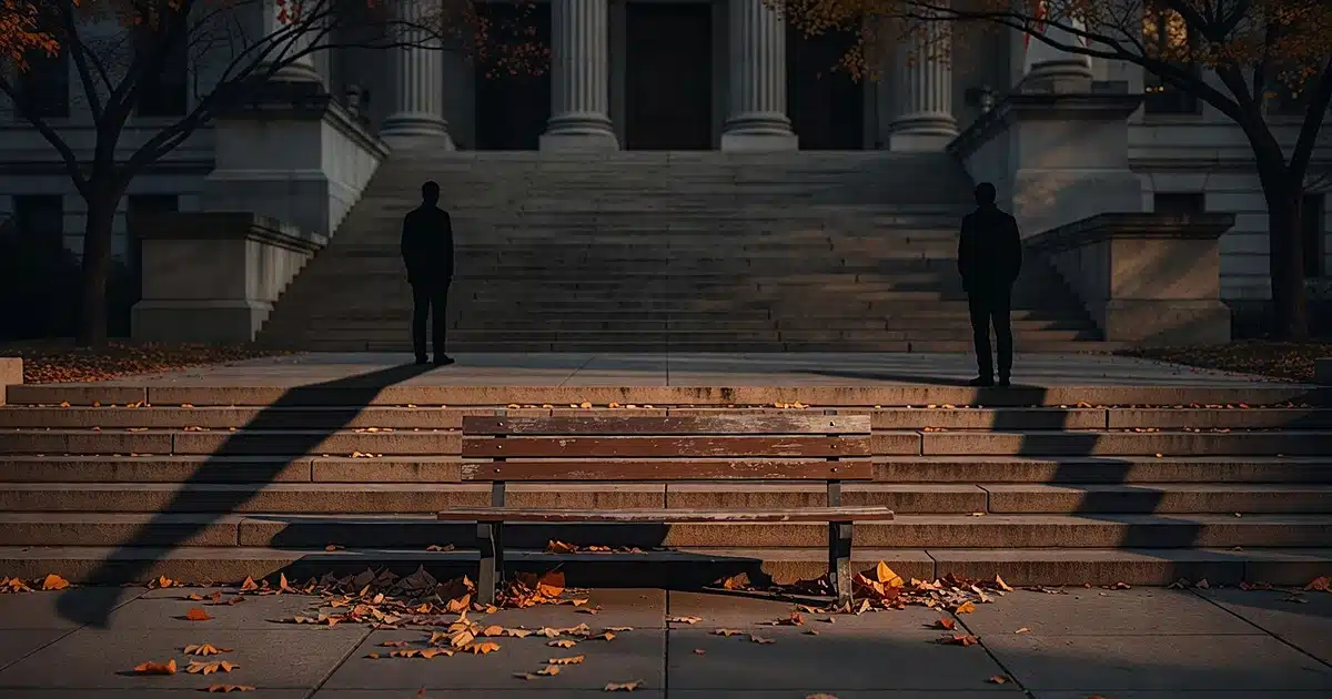 Two silhouettes stand apart on courthouse steps with an empty bench between them at dusk