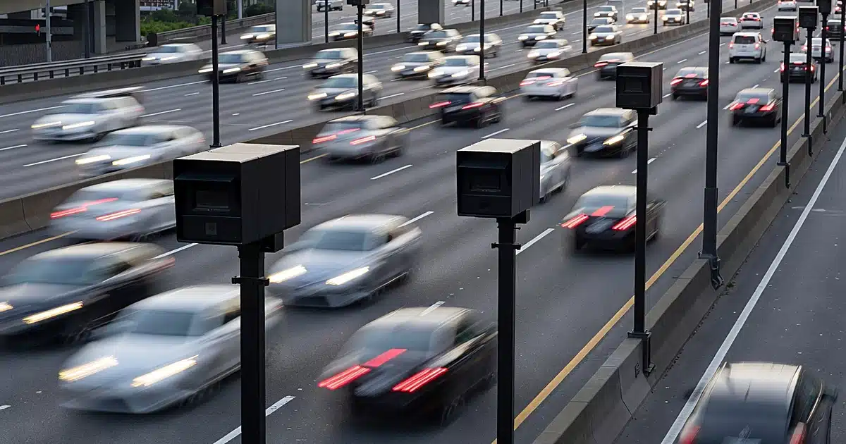 Automated license plate reader cameras mounted on poles above a busy urban intersection at dusk with traffic below