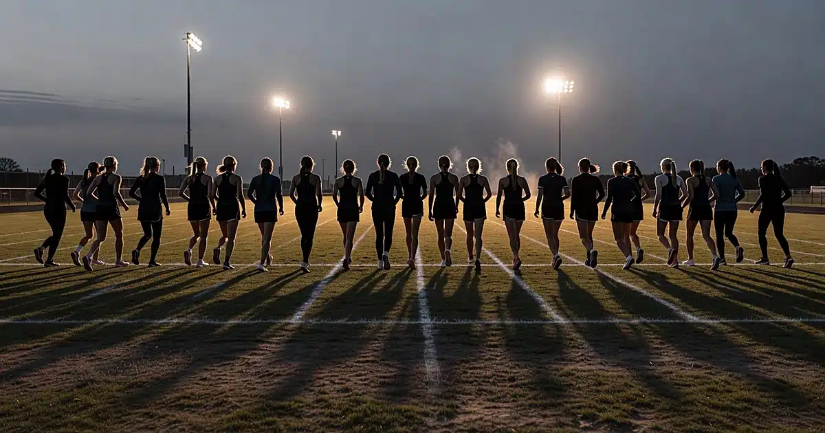 Silhouettes of high school cross country runners at starting line on outdoor track at dusk