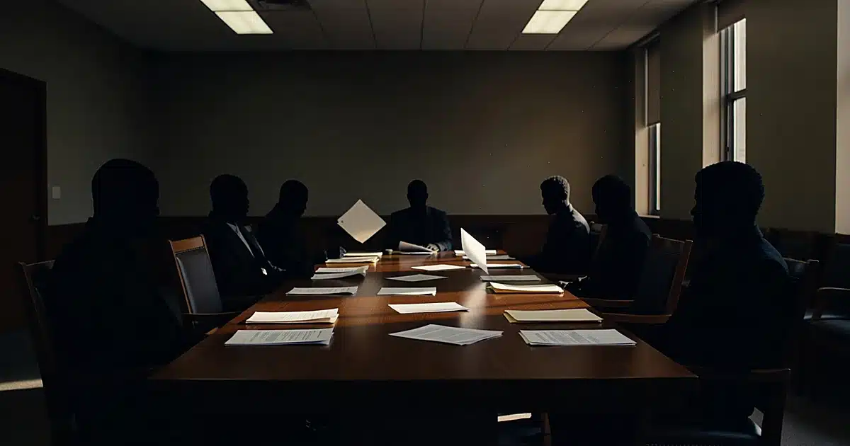 University hearing room with silhouetted figures at table with scattered documents in motion