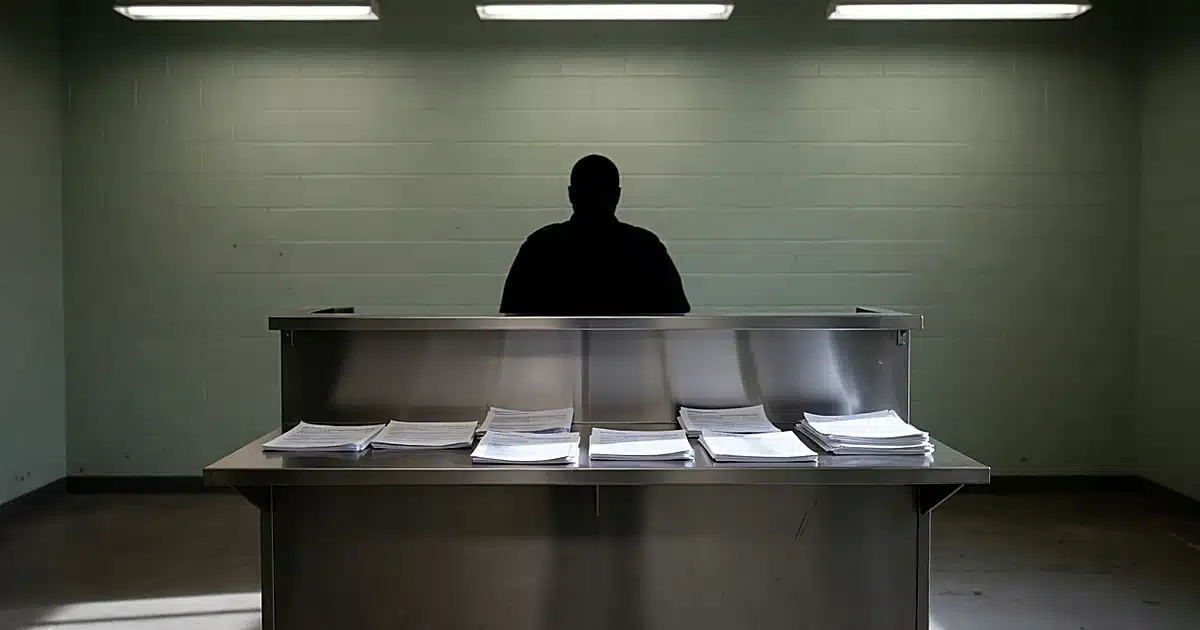 County jail booking station with officer silhouette and intake counter under fluorescent lighting