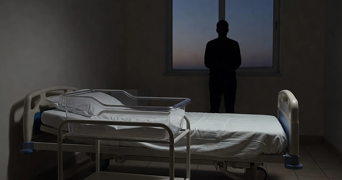 Empty hospital bassinet beside bed with silhouetted figure at window in fading daylight