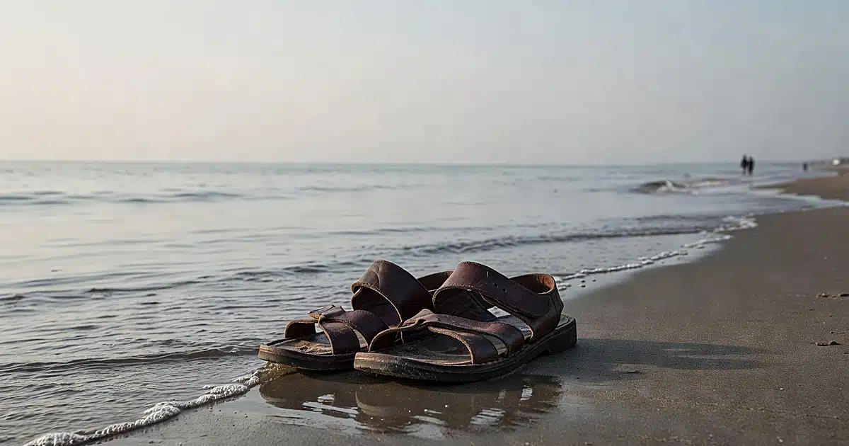 Pair of sandals on wet beach sand with ocean waves and blurred horizon in soft natural light