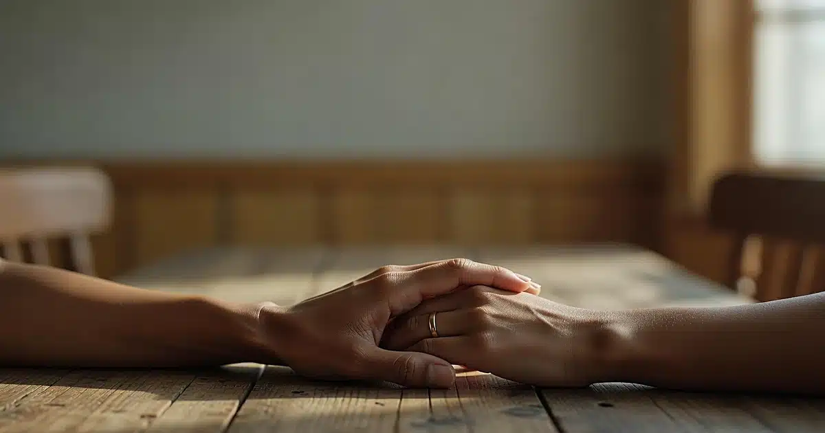 Two hands clasped together on wooden table, one wearing gold wedding band in warm natural light