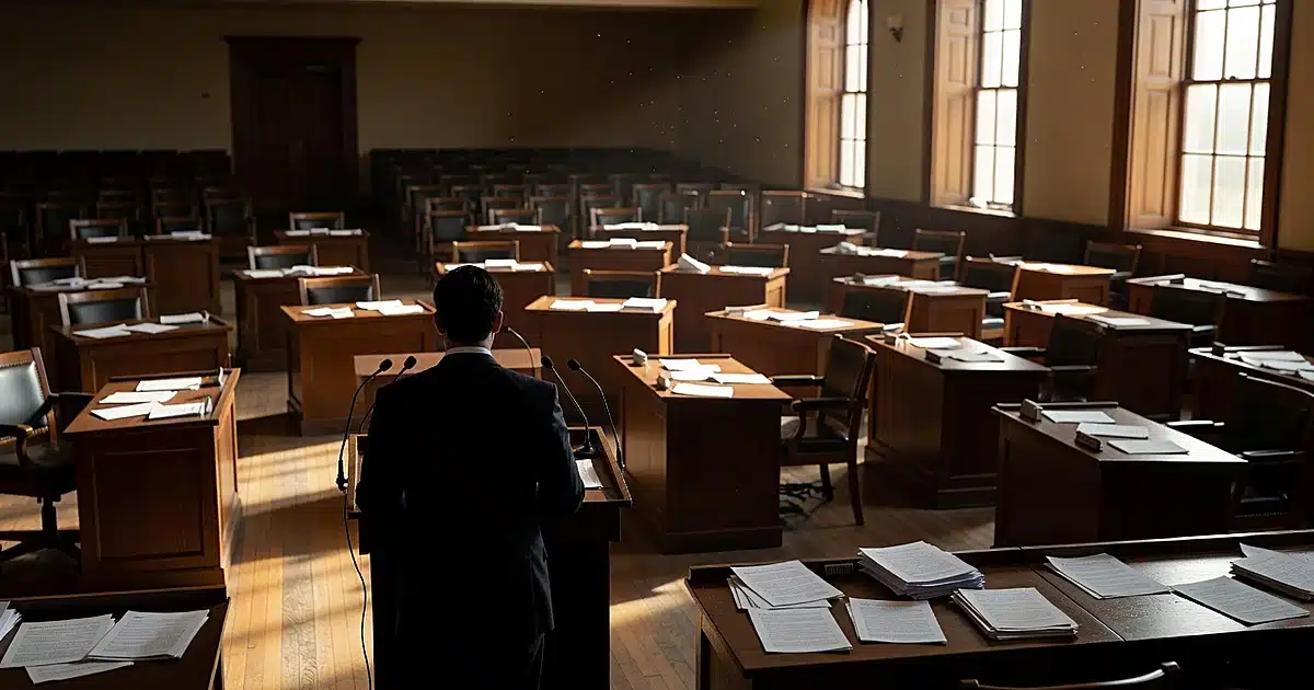 Silhouetted figure at podium with microphones in sunlit legislative chamber with scattered papers on desks
