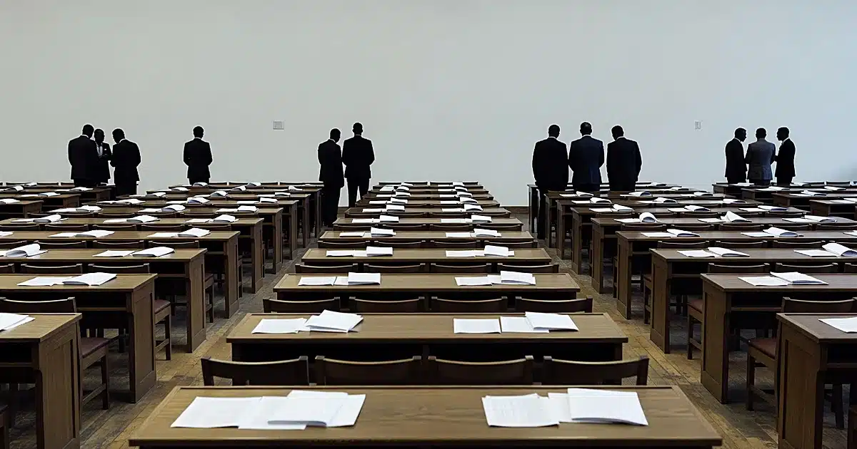 Interior of legislative chamber with silhouetted figures standing in separated groups among empty desks