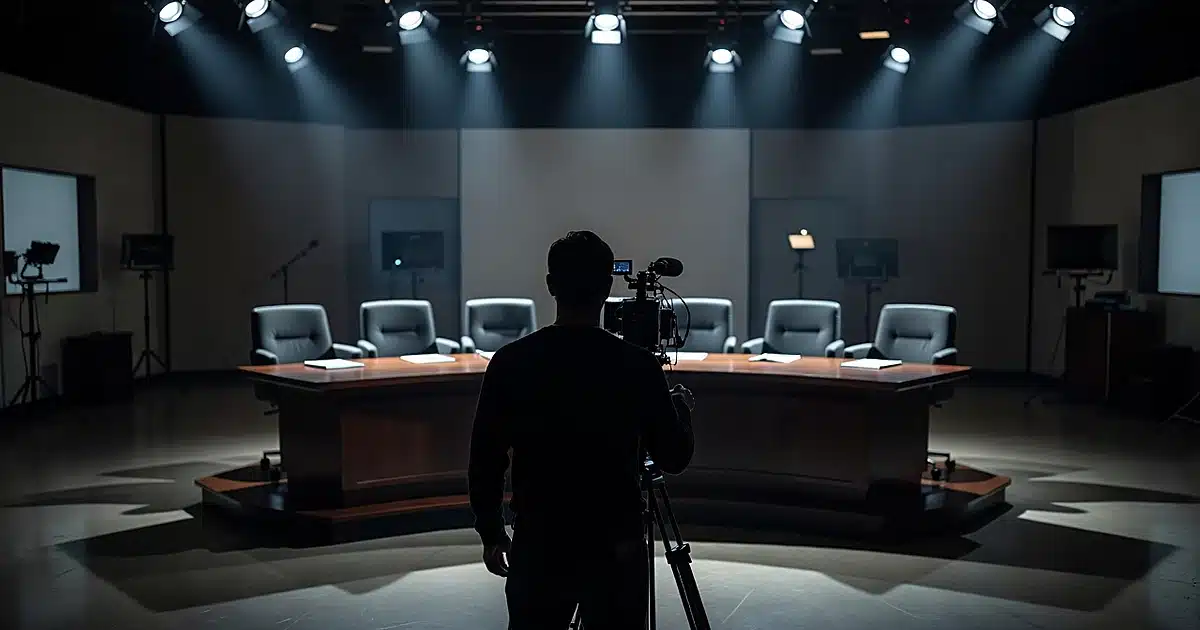 Empty television studio talk show set with silhouetted camera operator filming vacant panel chairs under studio lights