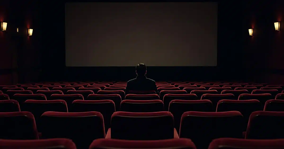 Empty screening room with silhouetted figure seated alone facing dark screen, surrounded by rows of vacant theater seats