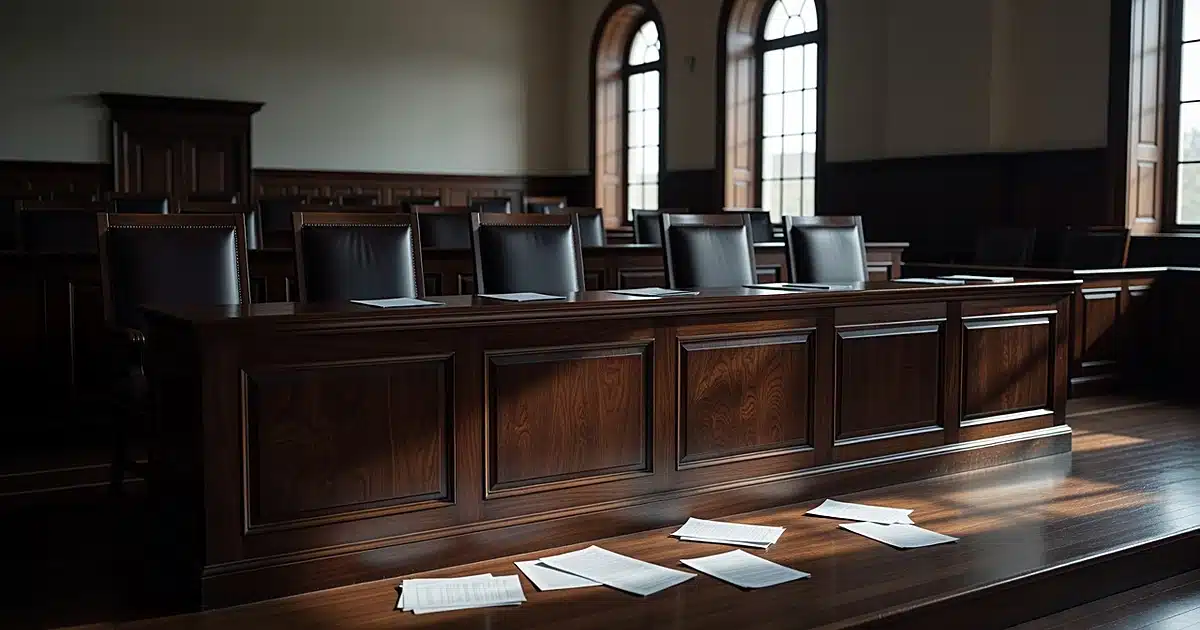 Empty federal courtroom judge's bench with scattered blank legal documents and vacant leather chairs