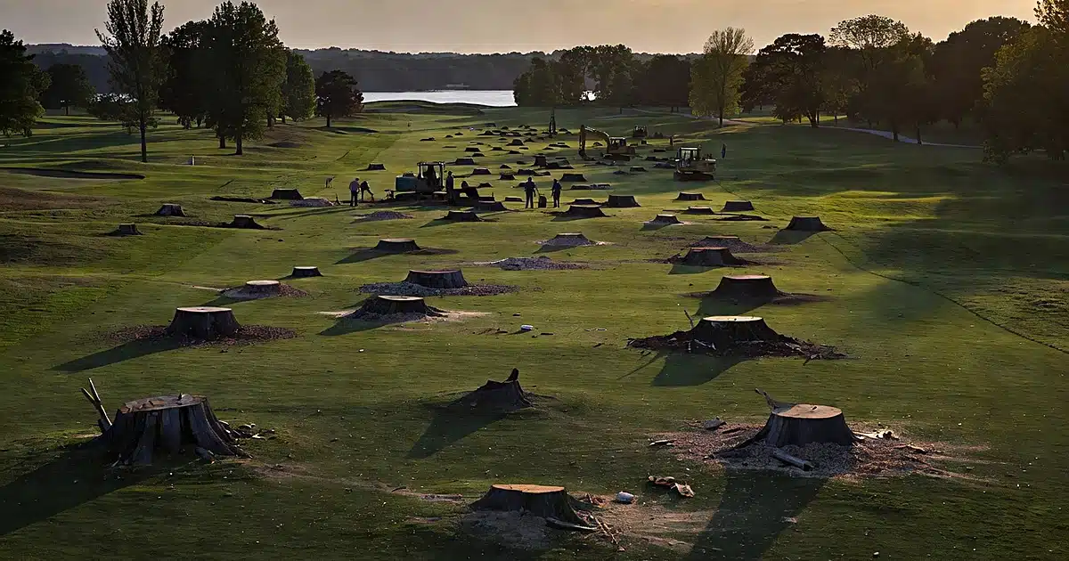 Golf course with numerous tree stumps and silhouetted work crews at dusk near the Potomac River