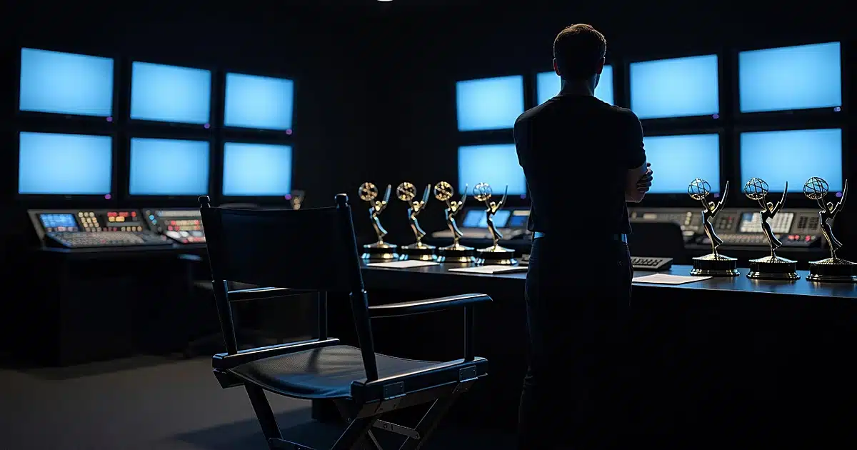 Empty television studio control room with glowing monitors and silhouetted figure standing at back wall