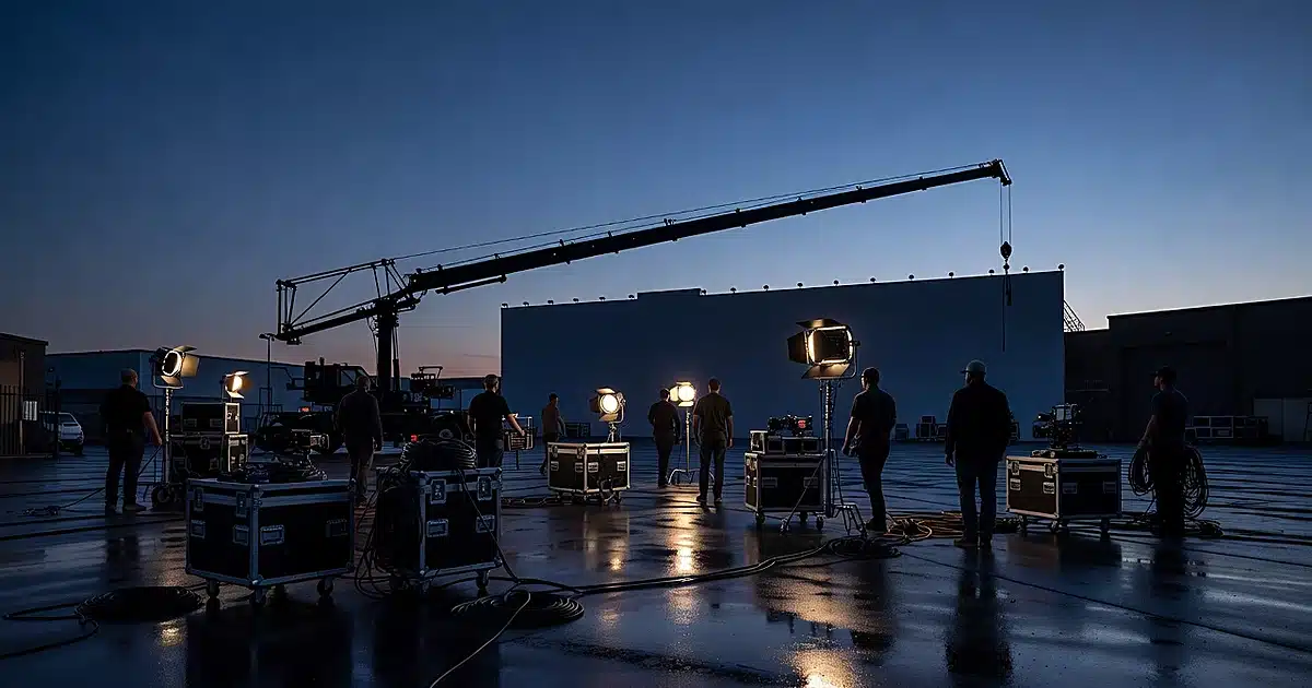 Film production set at dusk with camera crane and equipment silhouetted against evening sky