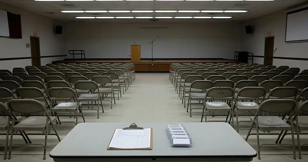 Empty community center auditorium with rows of vacant chairs and abandoned registration table in foreground