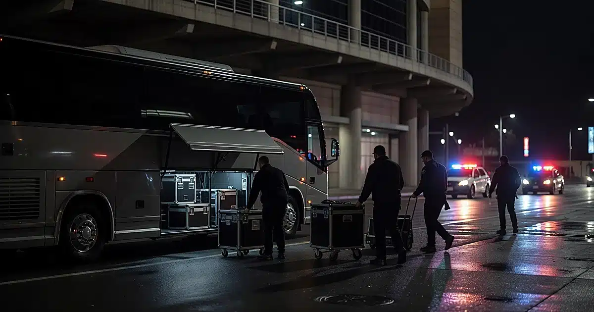 Tour bus parked outside Madison Square Garden at night with emergency lights reflecting on wet pavement