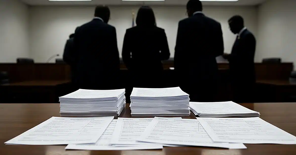 Federal courthouse evidence table with voter registration documents and silhouetted officials in background