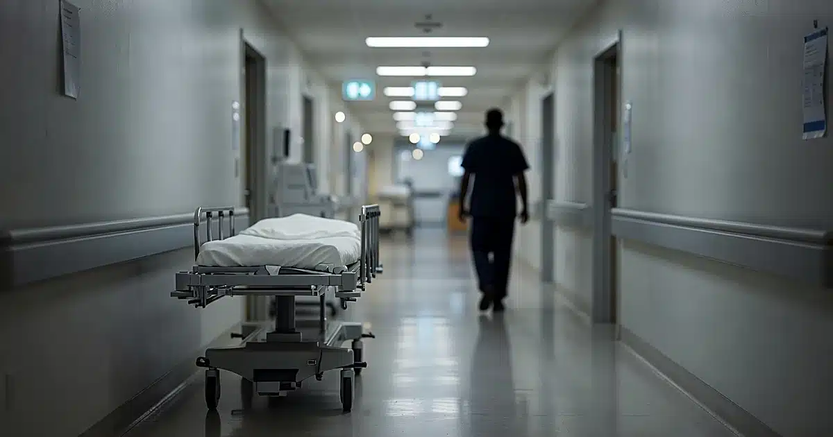 Hospital gurney in corridor with medical staff silhouette walking away under fluorescent lighting