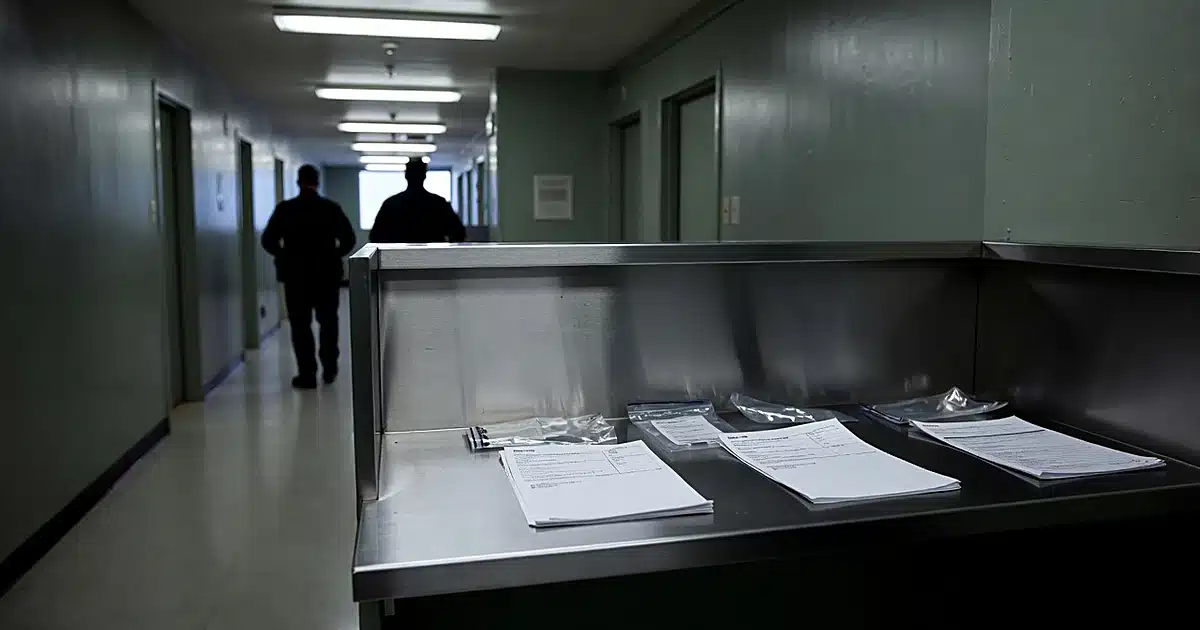 Police booking station counter with evidence bags and officer silhouettes in fluorescent-lit corridor