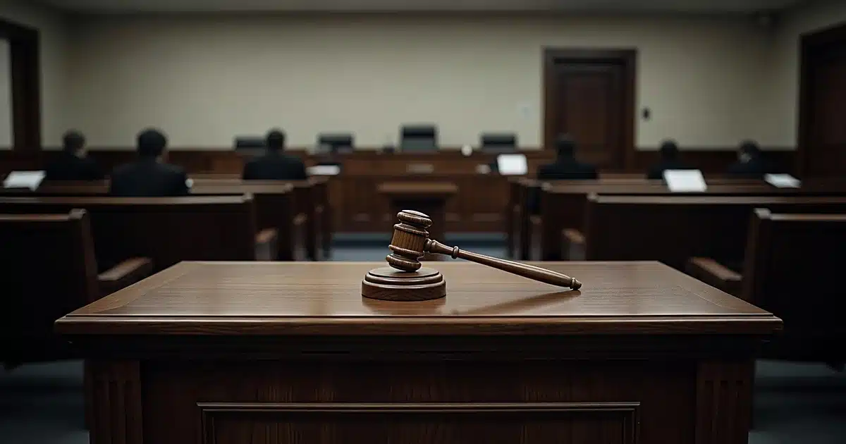 Federal courtroom with judge's gavel striking sound block on empty bench in dramatic lighting