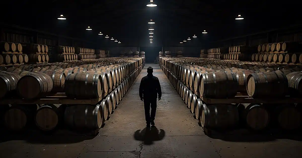 Silhouetted figure walking through dimly lit bourbon distillery warehouse between rows of oak barrels