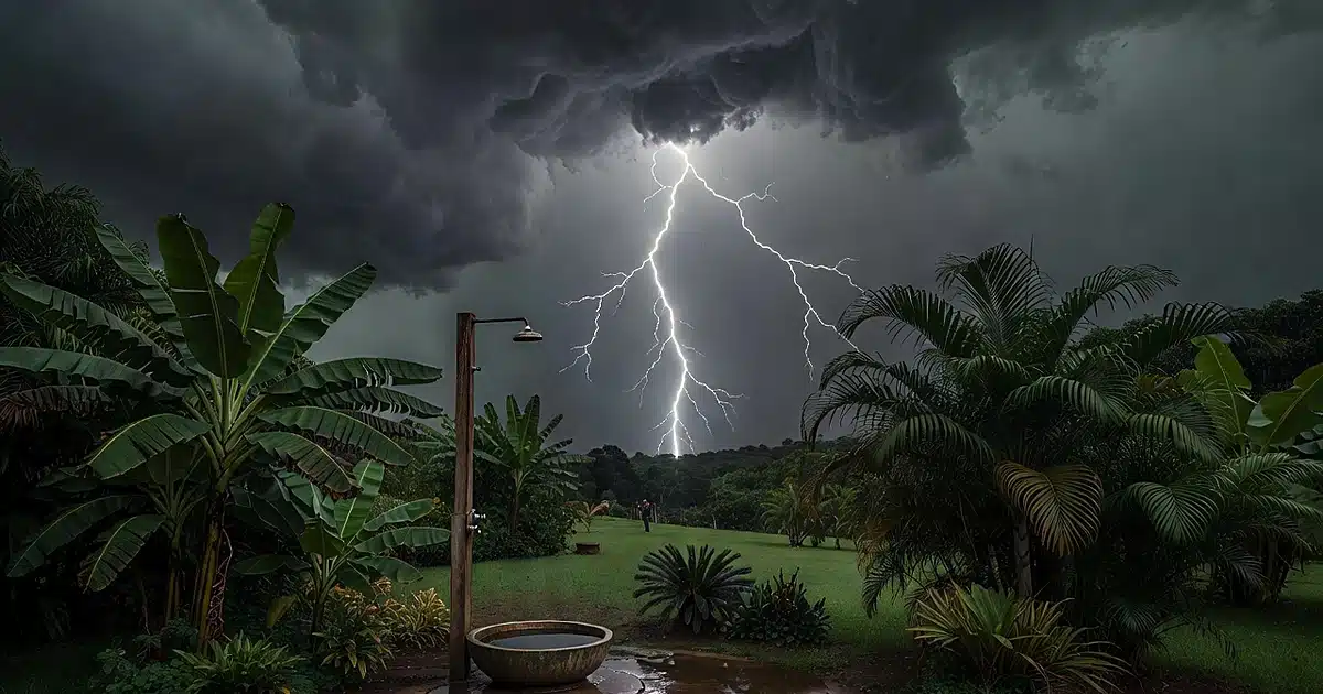 Lightning bolt striking from dark storm clouds toward an outdoor bathing area in a tropical garden setting