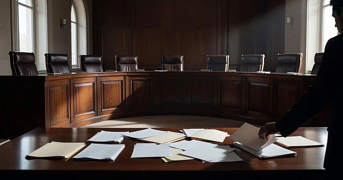 Brazilian Supreme Court chamber with scattered legal documents on judicial bench, silhouetted hand reaching forward