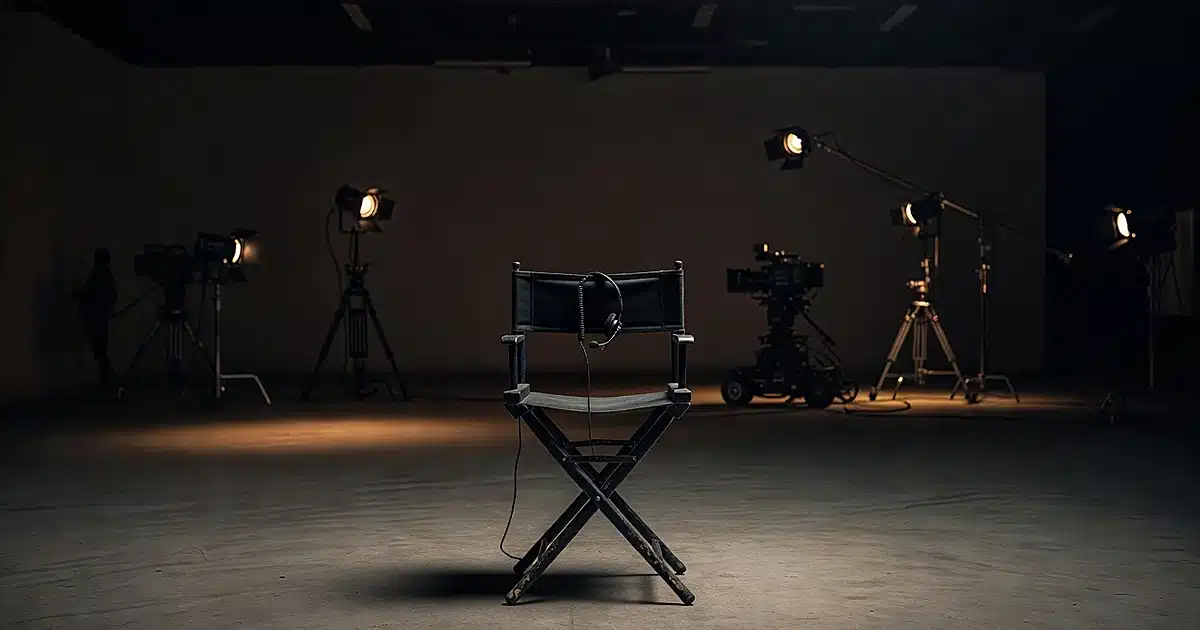 Empty director's chair with headset on darkened television studio soundstage with idle production equipment