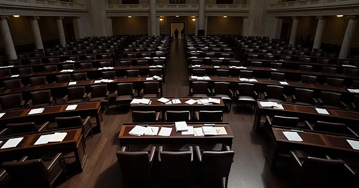Empty legislative chamber with scattered papers on desks, showing institutional scale and political tension