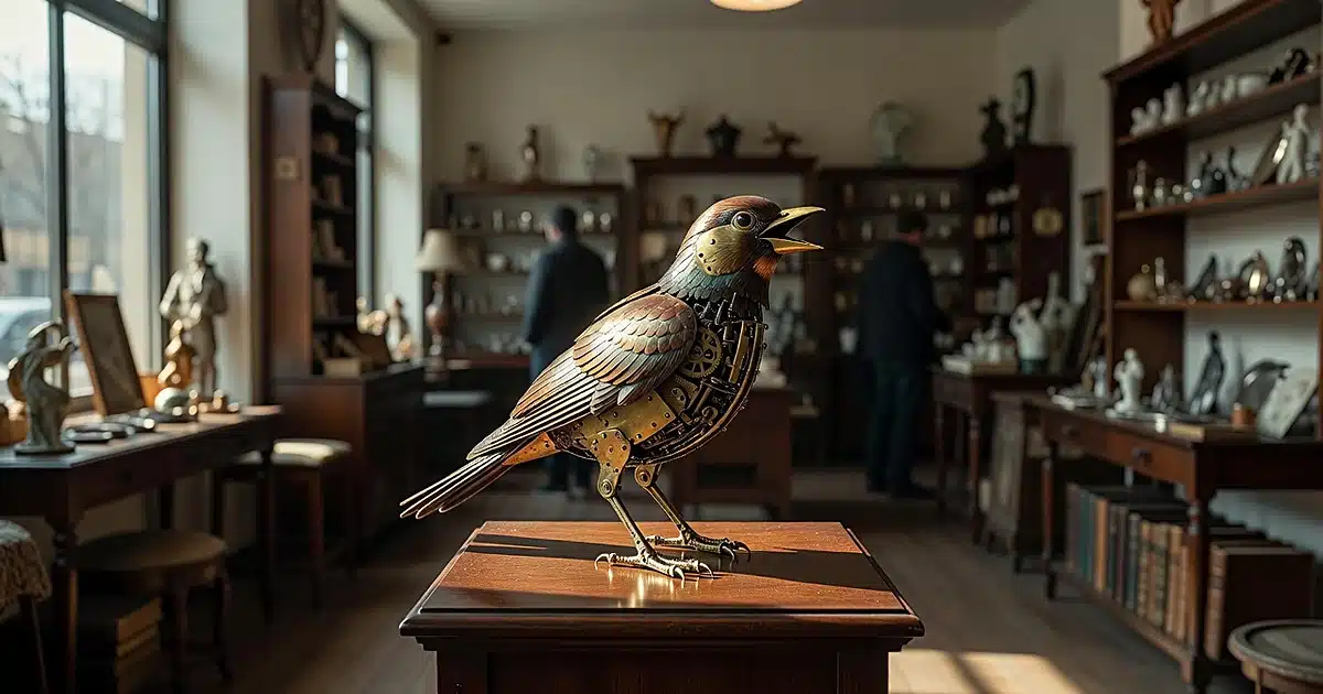 Ornate mechanical bird automaton on wooden pedestal in antique shop with afternoon window light