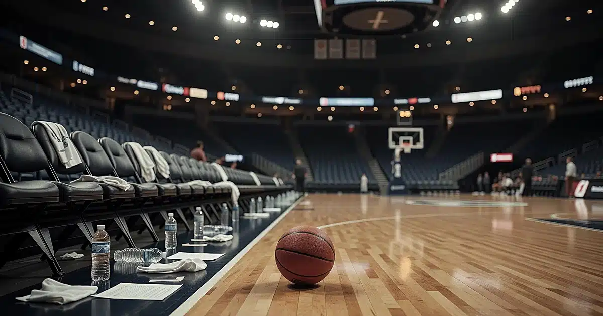 Empty professional basketball court with ball on hardwood floor and arena lights glowing overhead