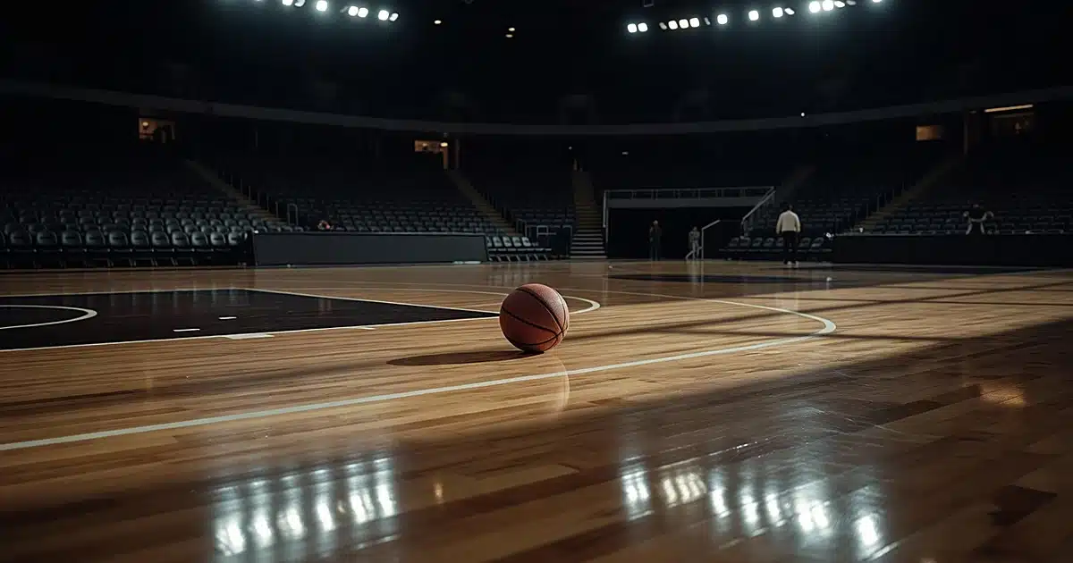 Basketball on empty court under arena lights with dramatic shadows and blurred stadium seating in background