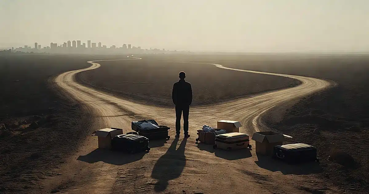 Silhouetted person at crossroads with packed boxes, facing diverging paths toward distant city and empty horizon