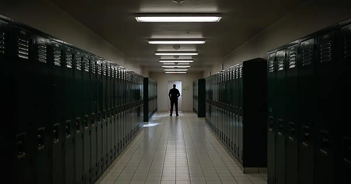 Police officer silhouette in empty locker room corridor with metal lockers and fluorescent lighting