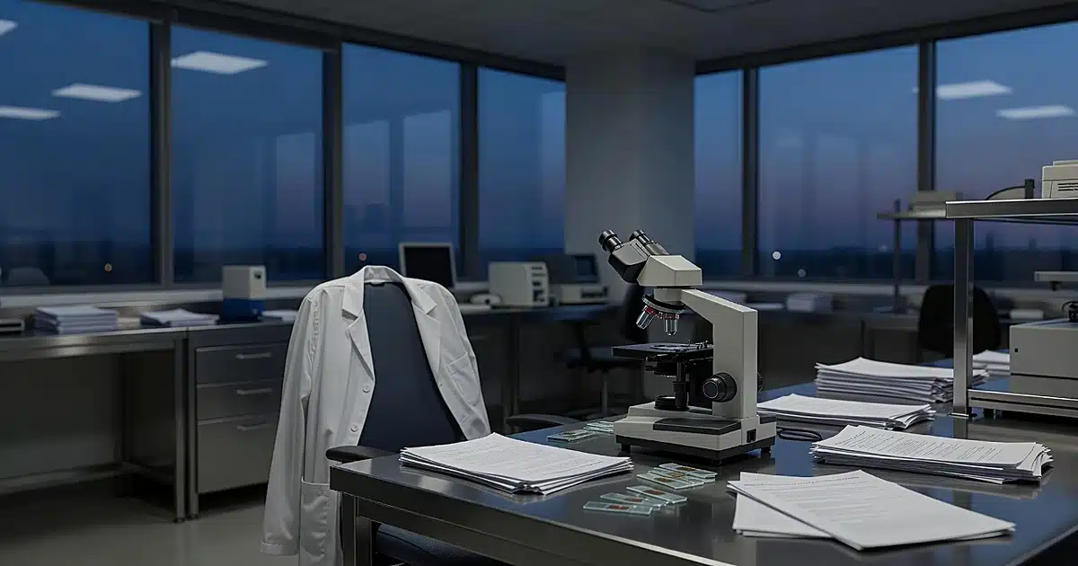 Empty medical research laboratory at dusk with microscope on bench and lab coat hanging on chair