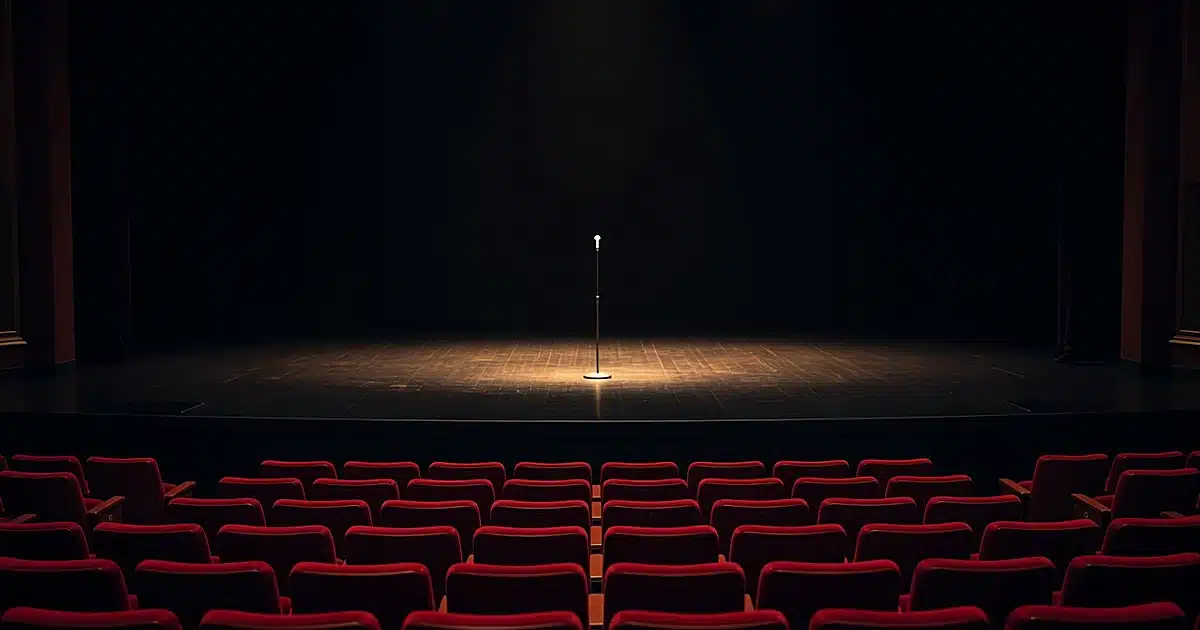 Empty Las Vegas showroom stage with microphone stand in spotlight and rows of theater seats in foreground