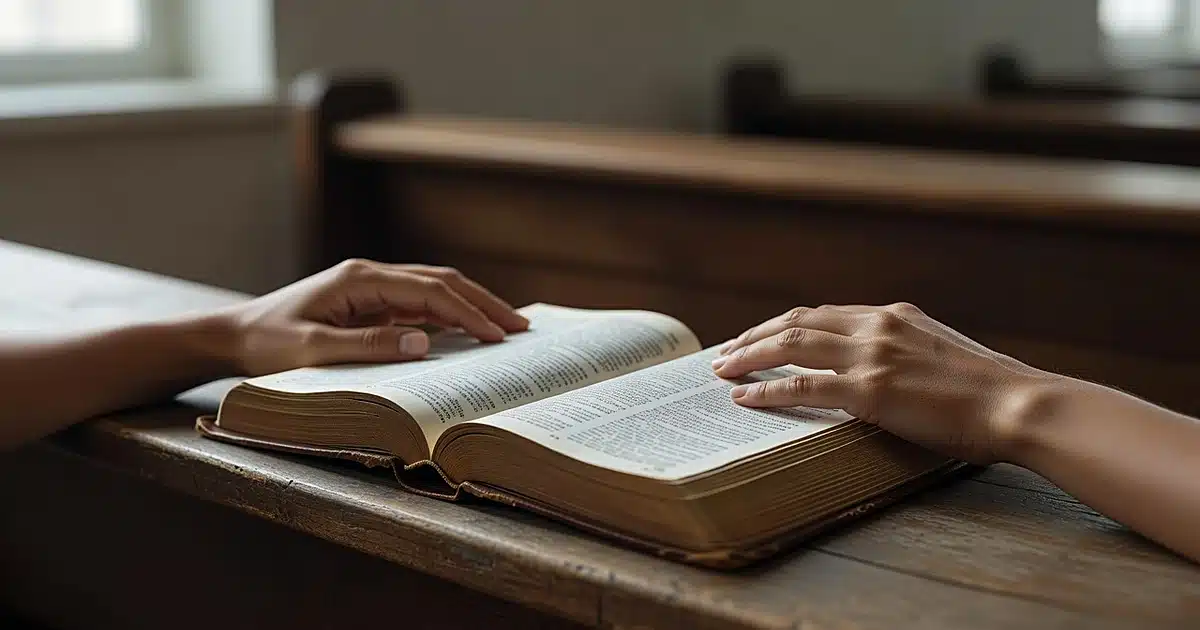 Open Bible on church pew with hands gesturing toward pages in soft natural light