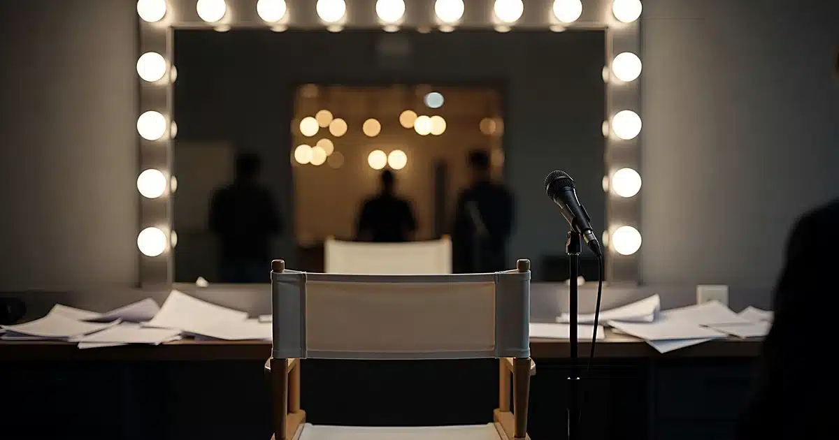 Empty backstage dressing room with makeup mirror and director's chair at television studio