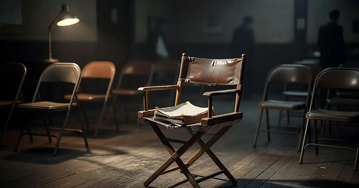 Empty director's chair with script in dimly lit casting office with rows of chairs fading into background