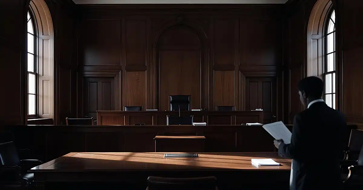 Federal courtroom interior with legal documents on defendant's table and silhouetted attorney figure