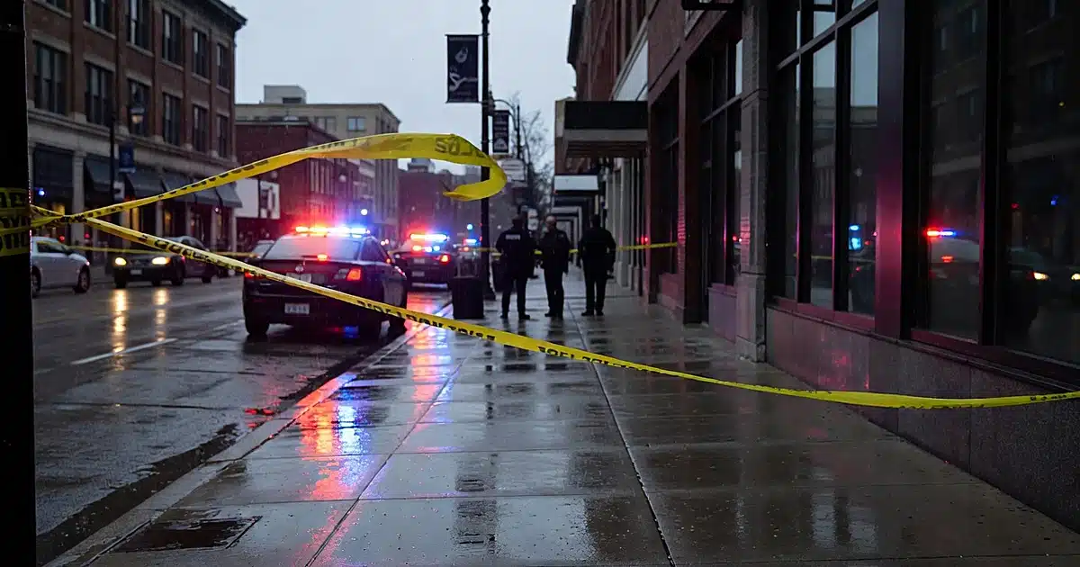 Police tape across wet Chicago sidewalk with emergency vehicle lights reflecting on pavement at dusk