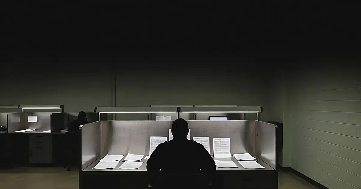 Police booking station desk with officer silhouette processing paperwork under fluorescent lights