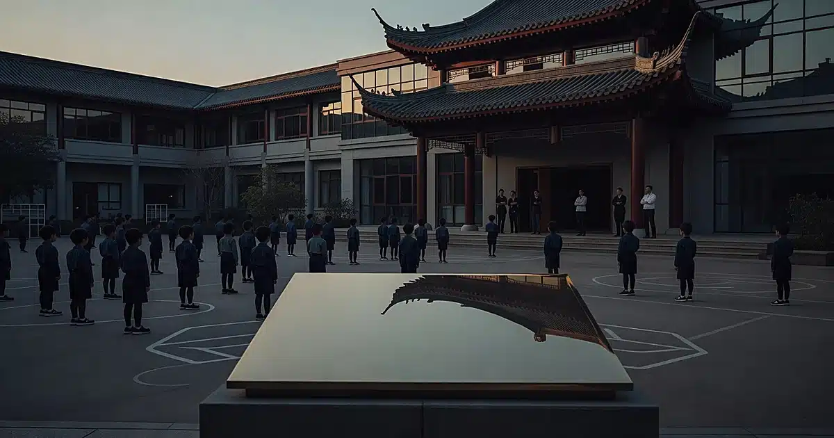 Silhouettes of children in formation at a kindergarten courtyard with blank dedication plaque in foreground
