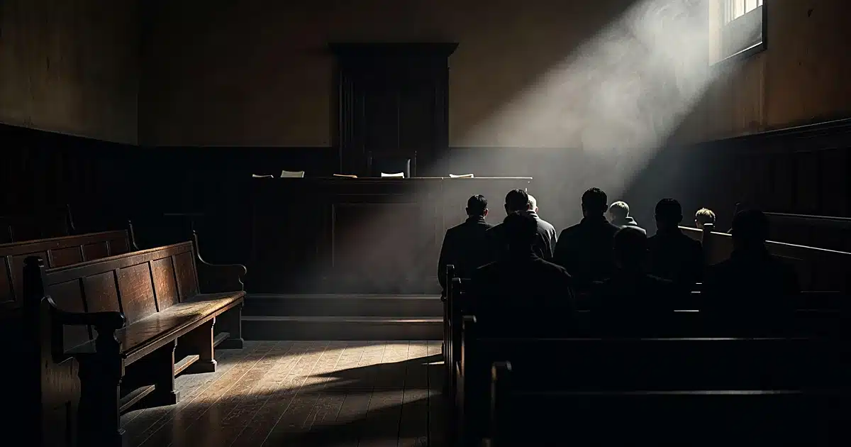 Dark colonial courtroom with silhouetted figures standing before empty judge's bench in harsh window light