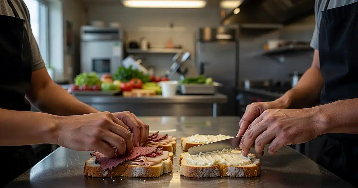 Two workers' hands preparing sandwiches side by side at commercial kitchen counter during morning prep