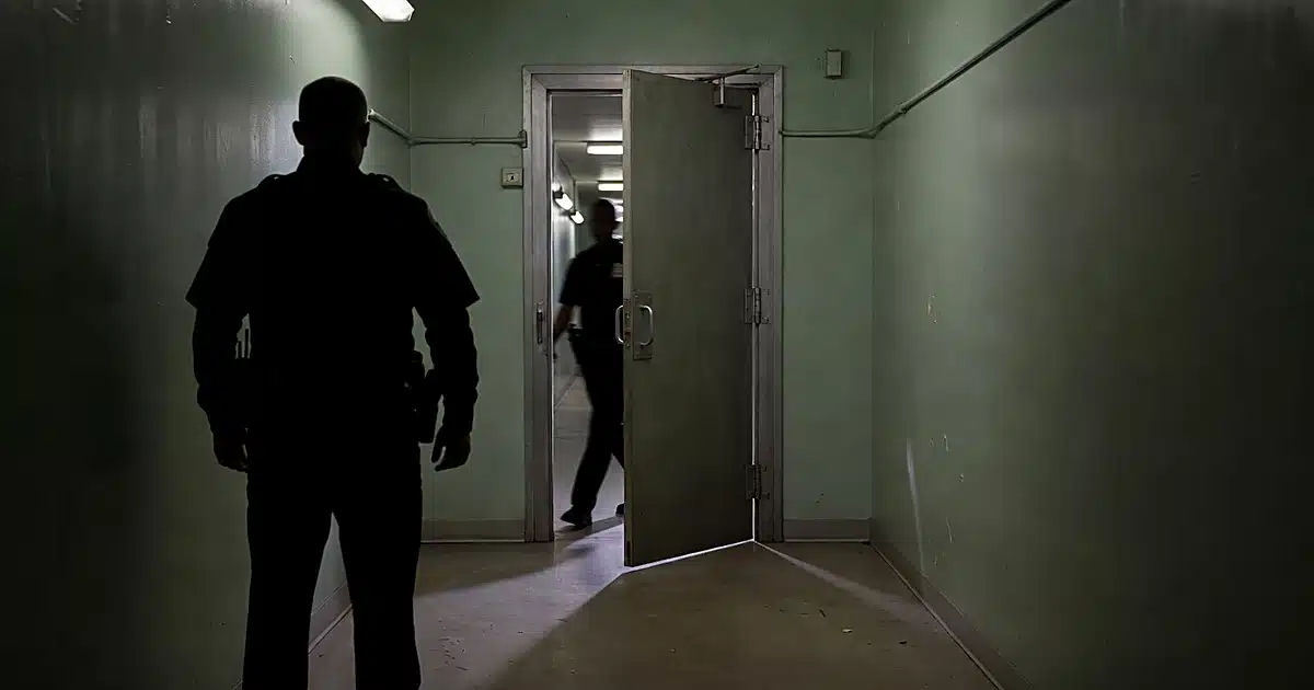 Prison corridor with open cell door and silhouetted corrections officers in institutional lighting